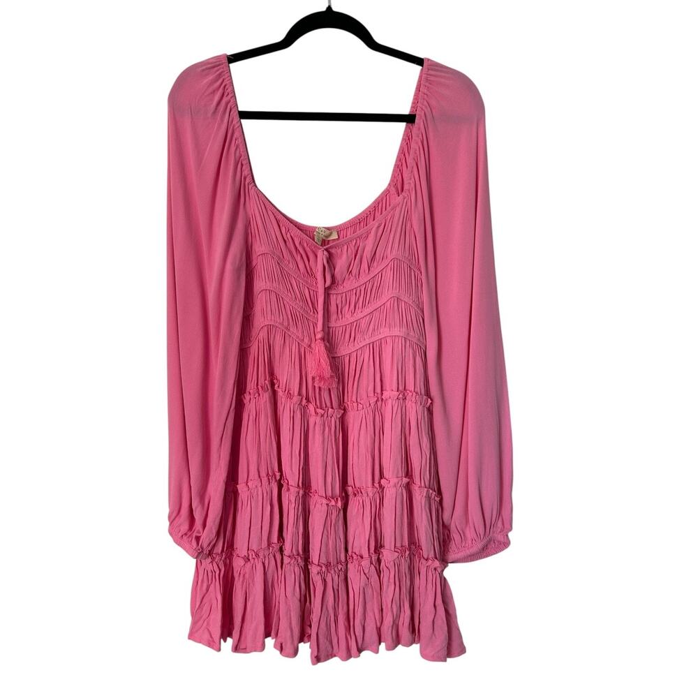 Chelsea & Violet Mini Dress Womens L Pink Smocked Ruffle Tiered Boho Peasant‎